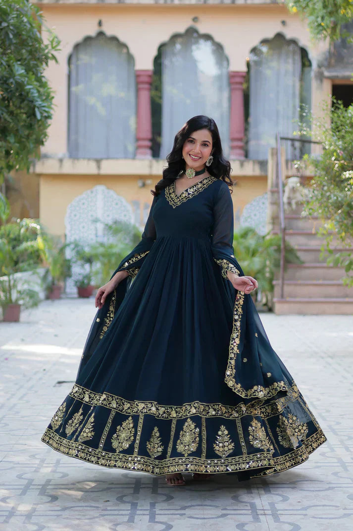 WEDDING SPECIAL FAUX BLOOMING GEORGETTE EMBROIDERED GOWN WITH DUPATTAPFAB159)