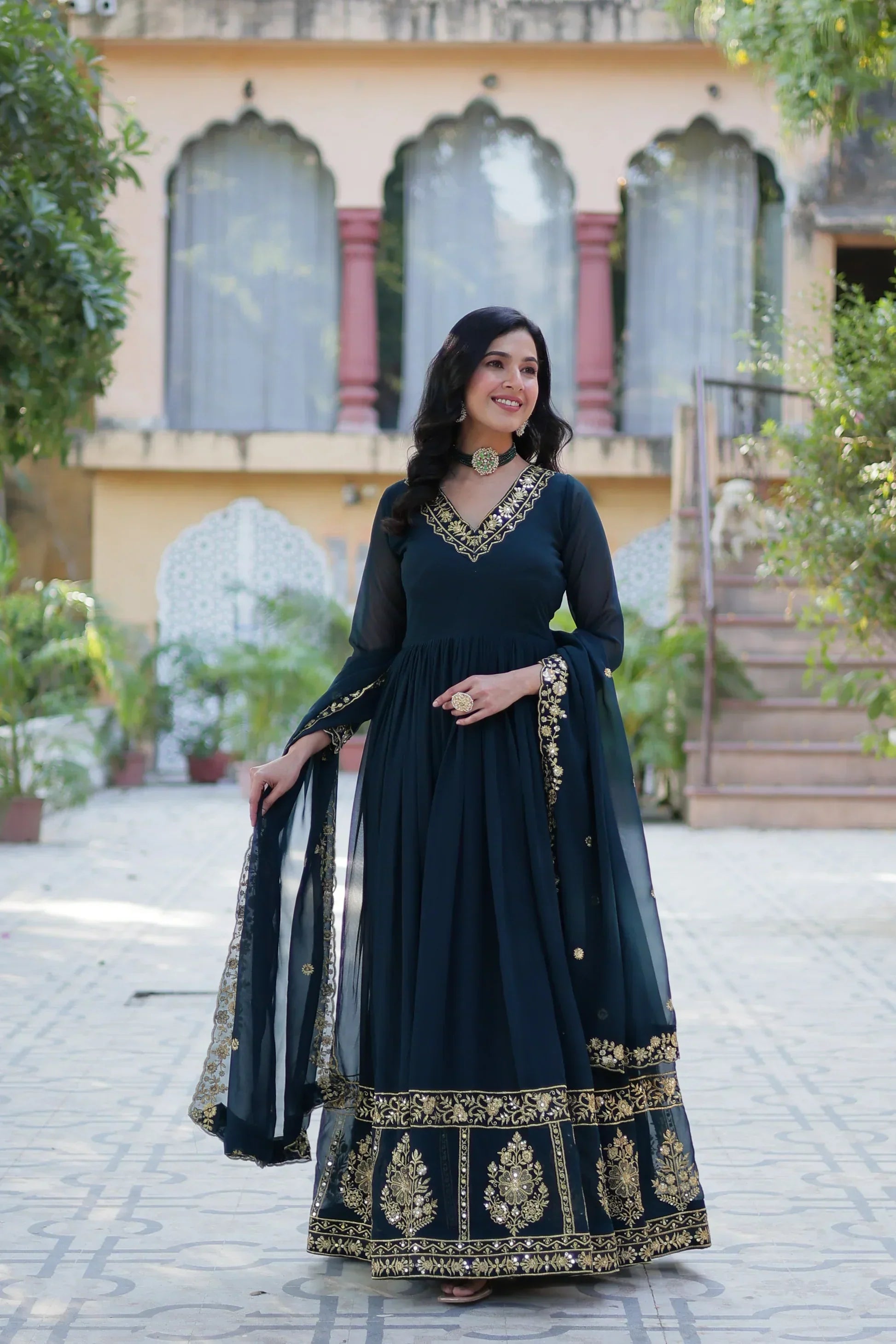 WEDDING SPECIAL FAUX BLOOMING GEORGETTE EMBROIDERED GOWN WITH DUPATTAPFAB1112)