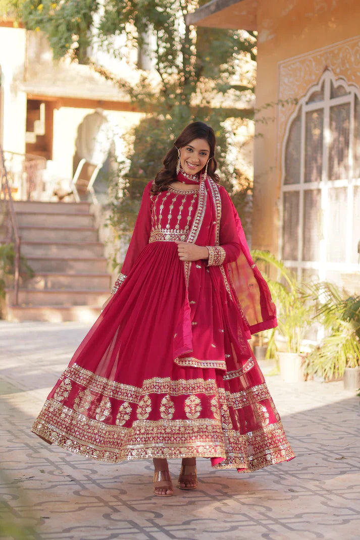 WEDDING SPECIAL GEORGETTE SEQUENCE EMBROIDERED GOWN WITH DUPATTA PFAB1107) (01)