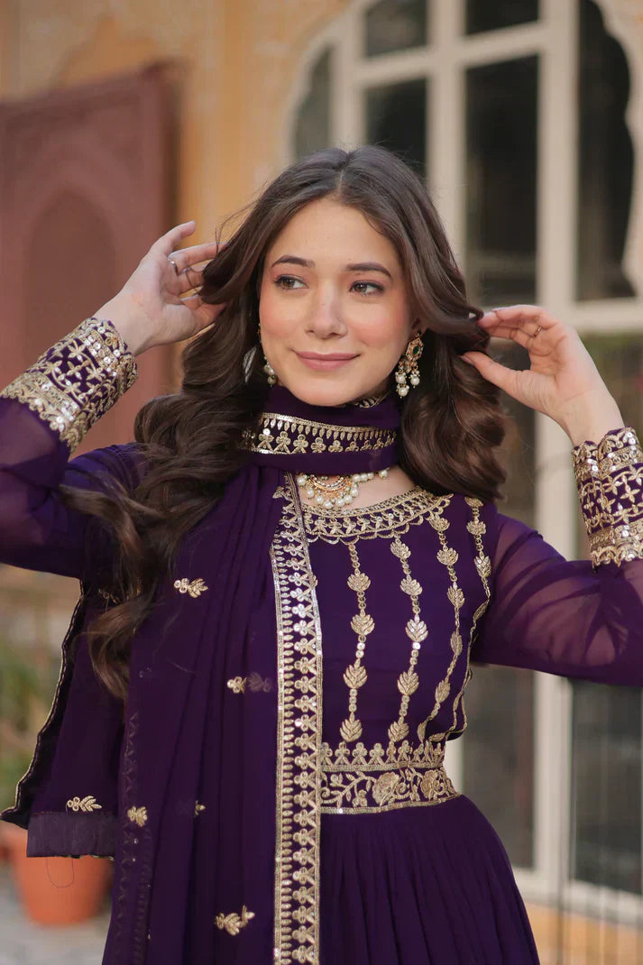 WEDDING SPECIAL GEORGETTE SEQUENCE EMBROIDERED GOWN WITH DUPATTA PFAB1107) (02)