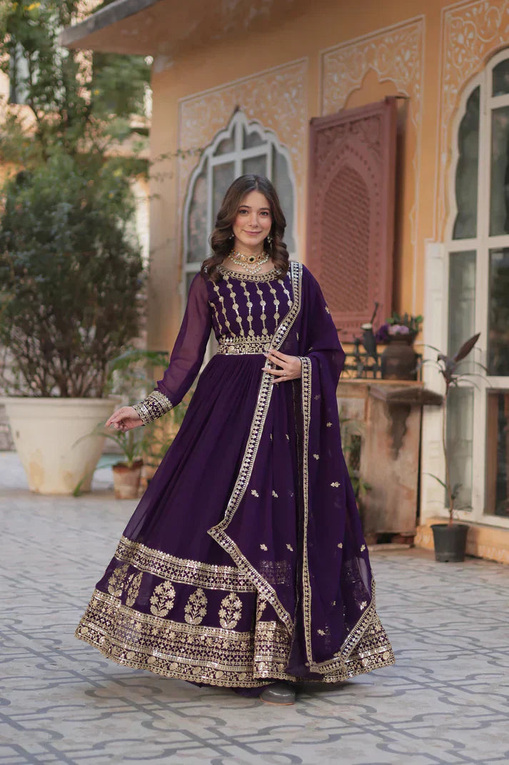 WEDDING SPECIAL GEORGETTE SEQUENCE EMBROIDERED GOWN WITH DUPATTA PFAB1107) (02)