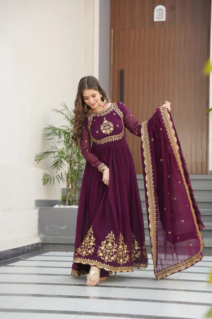 FAUX GEORGETTE SEQUANCE EMBROIDERED GOWN WITH DUPATTAPFAB191)