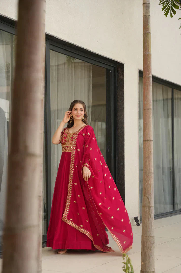 VICHITRA SILK SEQUANCE EMBROIDERED GOWN WITH DUPATTAPFAB181)