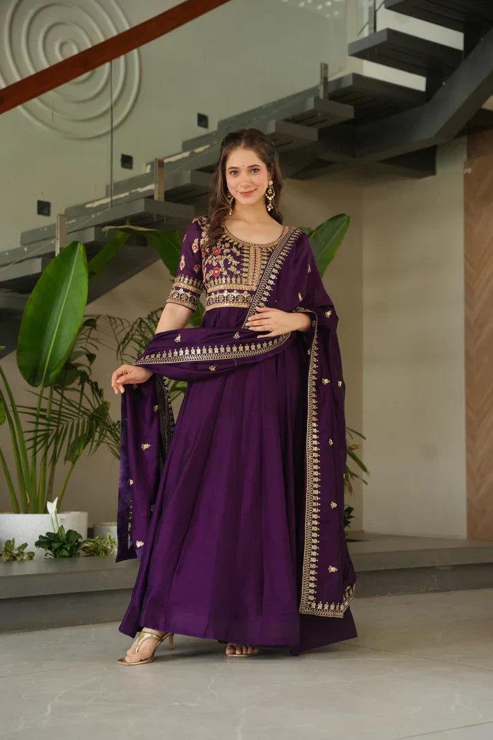 VICHITRA SILK SEQUANCE EMBROIDERED GOWN WITH DUPATTAPFAB181) (01)