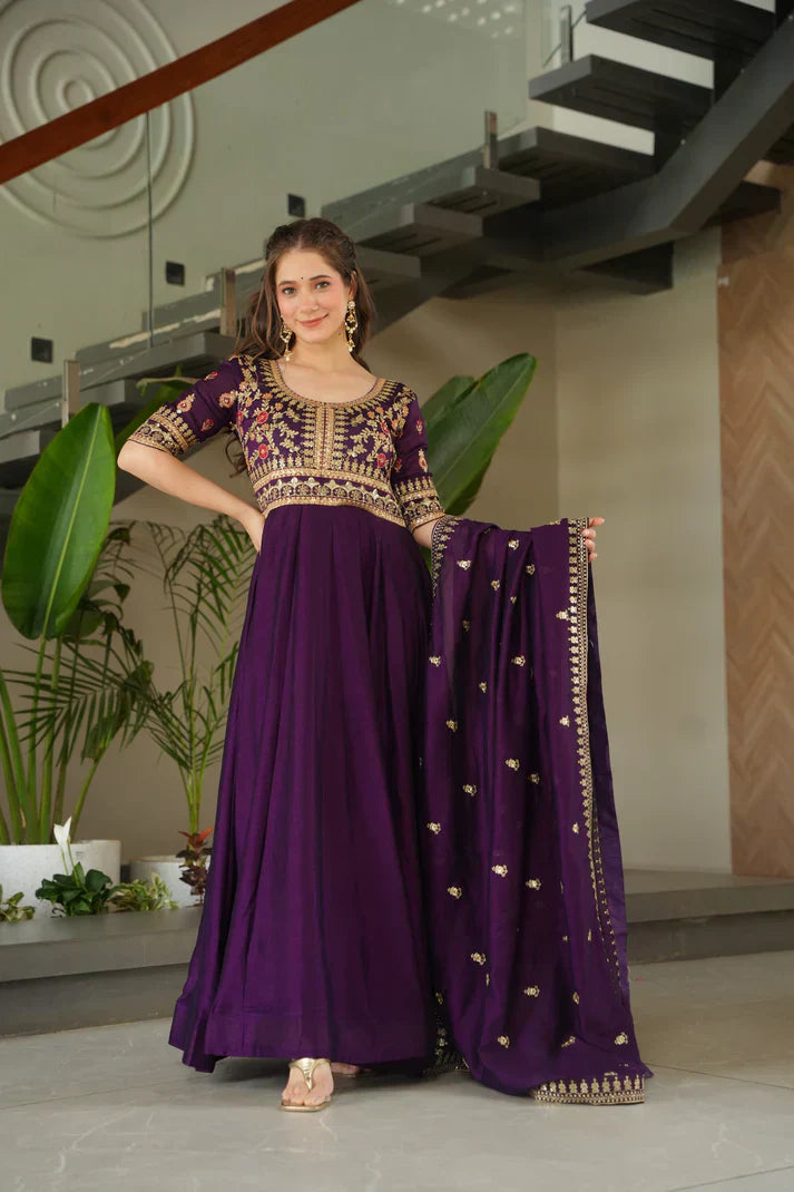 VICHITRA SILK SEQUANCE EMBROIDERED GOWN WITH DUPATTAPFAB181) (01)