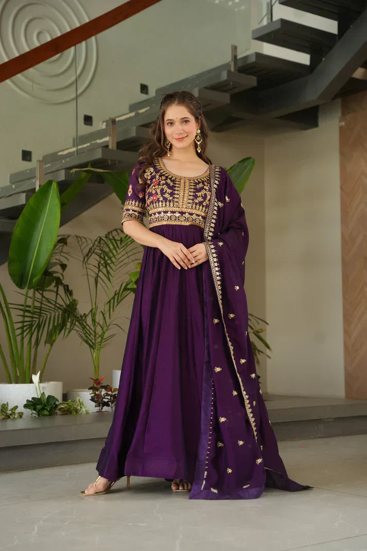 VICHITRA SILK SEQUANCE EMBROIDERED GOWN WITH DUPATTAPFAB181) (01)