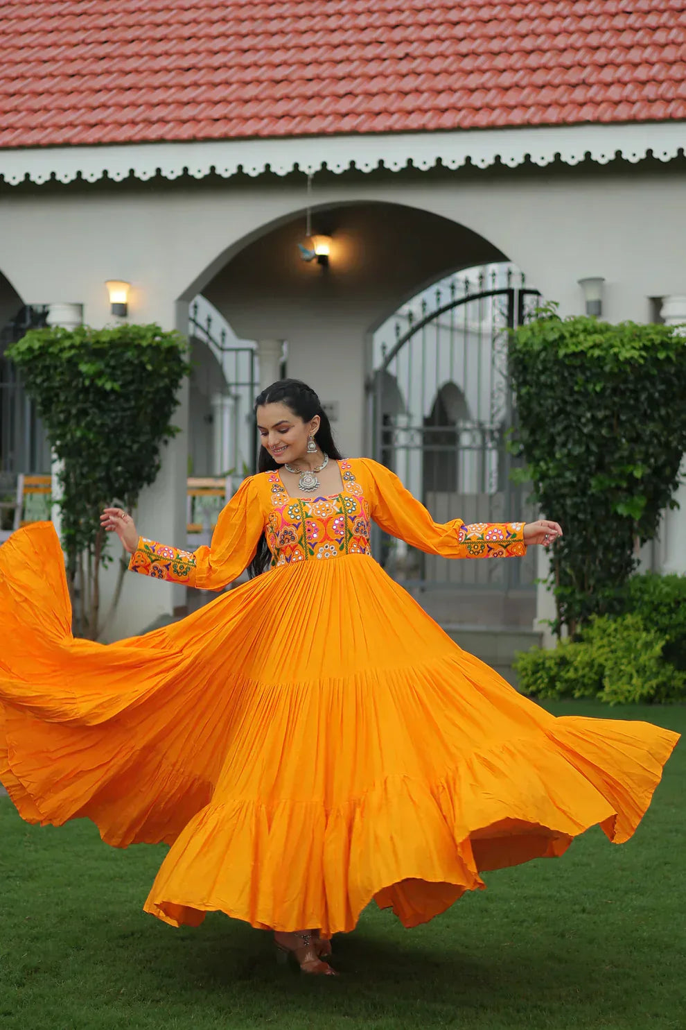 NAVRATRI SPECIAL GAMTHI KUTCHI WORK RAYON GOWN PFAB1182)