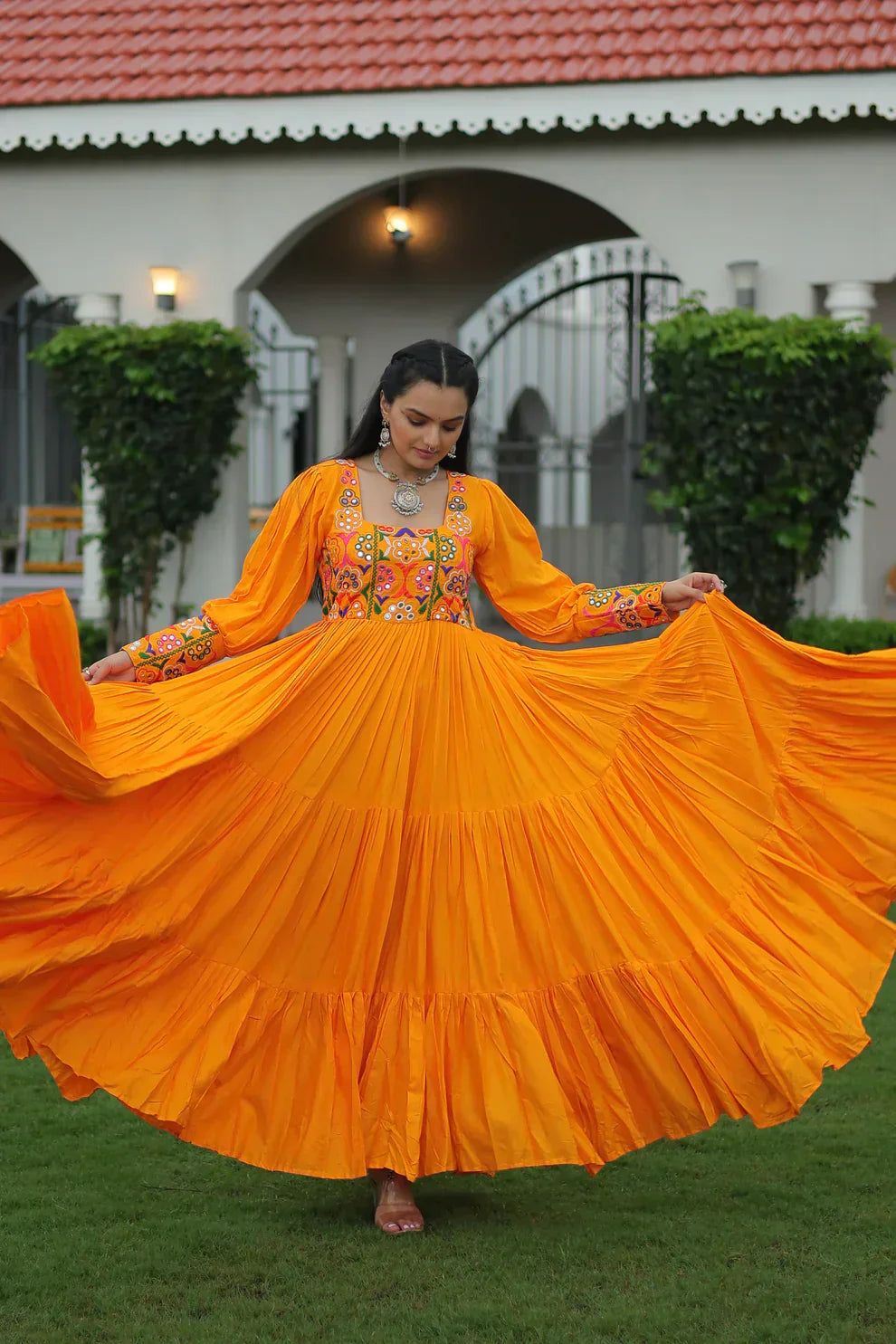 NAVRATRI SPECIAL GAMTHI KUTCHI WORK RAYON GOWN PFAB1182)