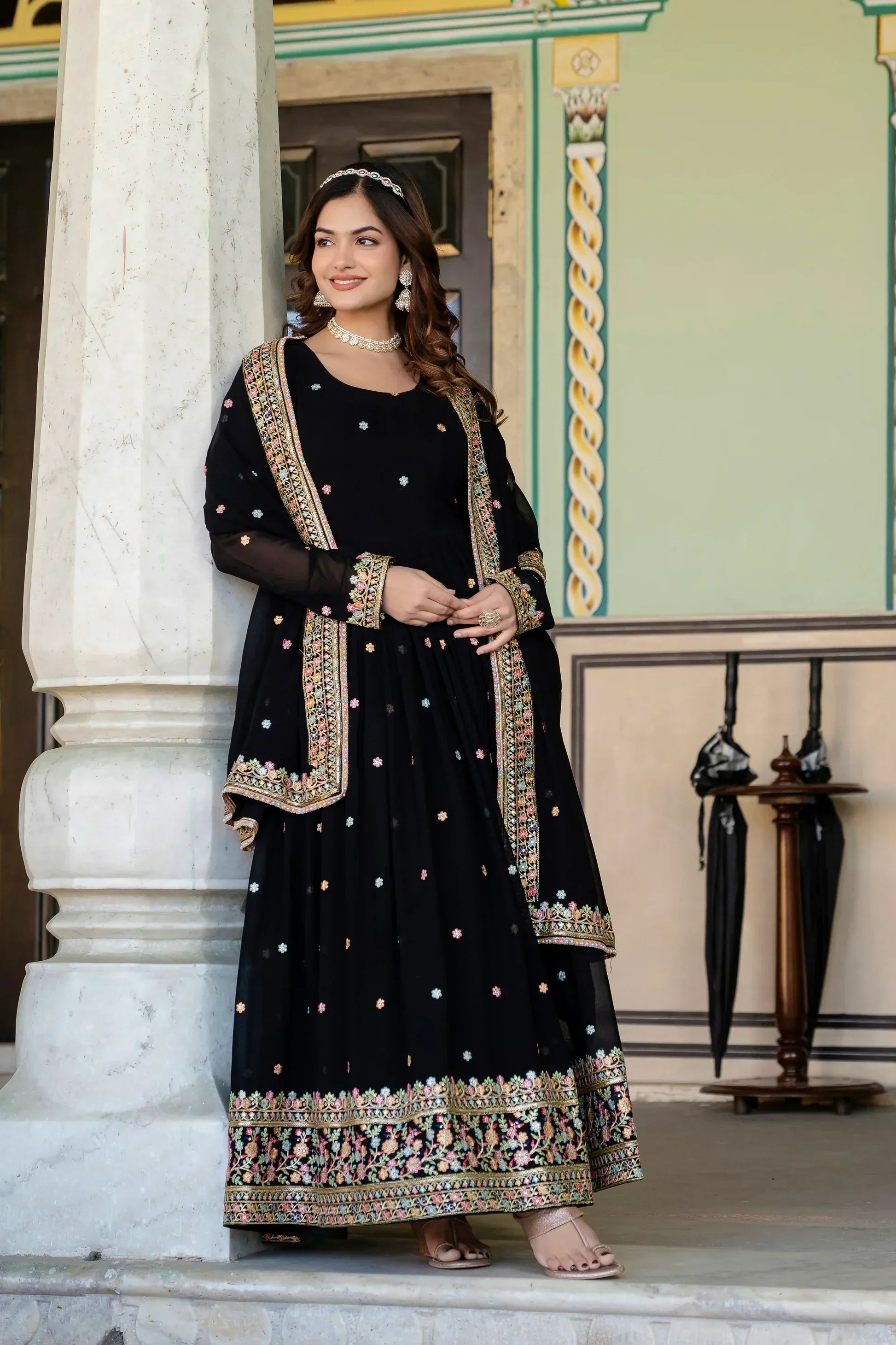 PRIMIUM  FAUX GEORGETTE SEQUANCE EMBROIDERED GOWN WITH DUPATTAPFAB106))