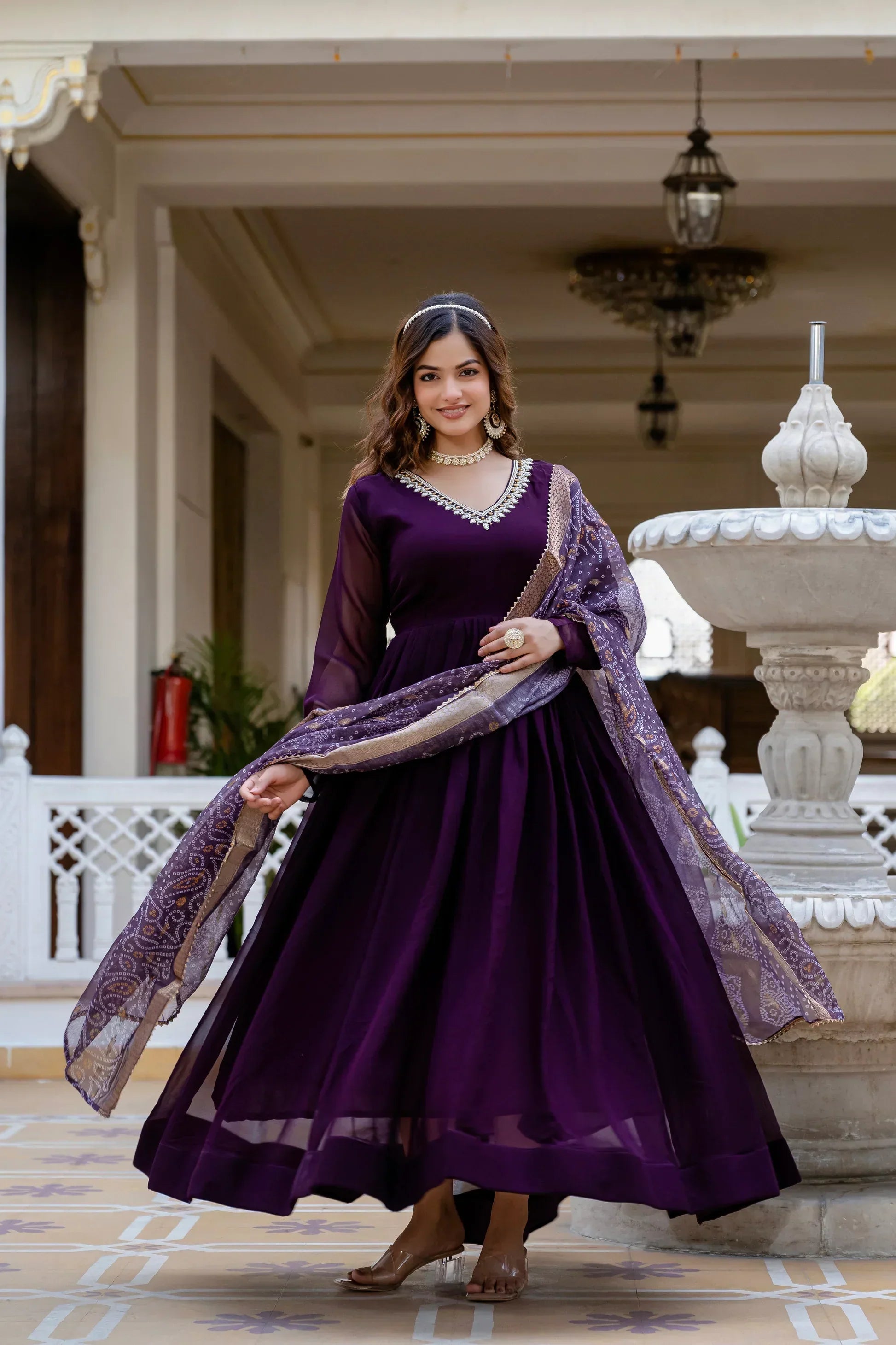 PEARL HANDWORK GOWN WITH PRINTED JEQUARD BORDER DUPATTAPFAB104)