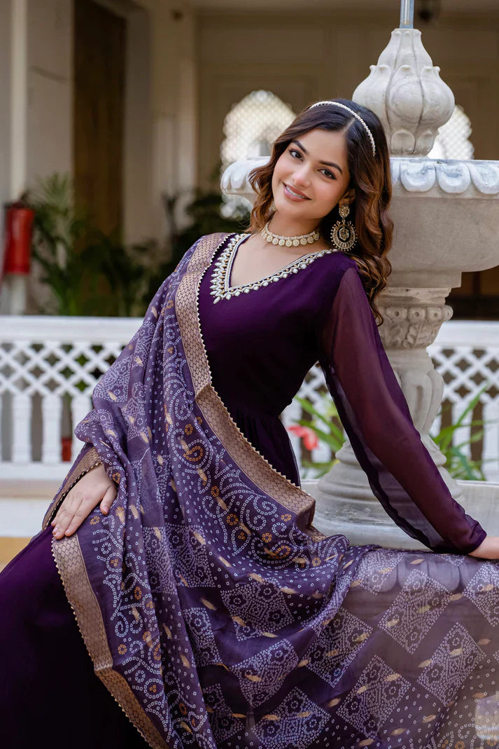 PEARL HANDWORK GOWN WITH PRINTED JEQUARD BORDER DUPATTAPFAB177)