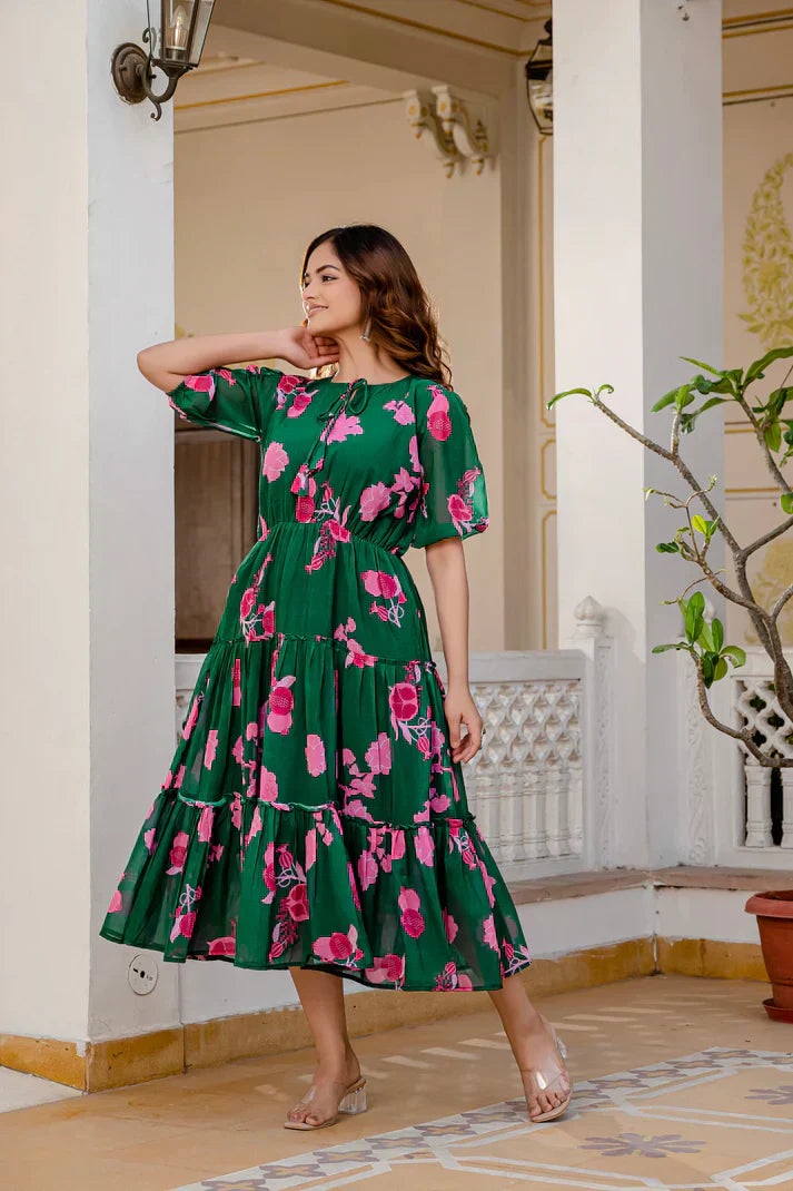 GREEN FAUX GEORGETTE FLORAL PRINT FLAIRED DRESSPFAB170)