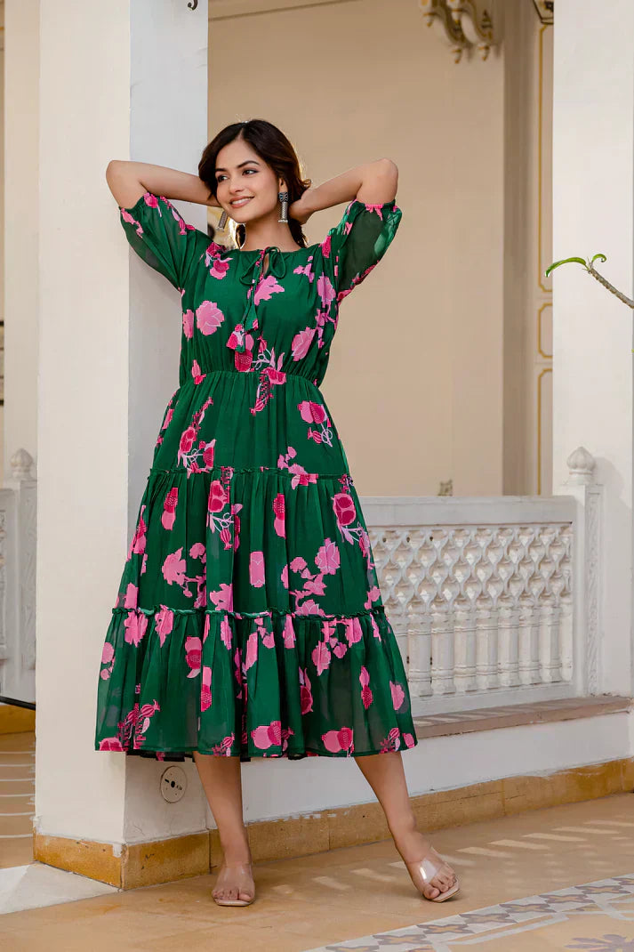 GREEN FAUX GEORGETTE FLORAL PRINT FLAIRED DRESSPFAB170)