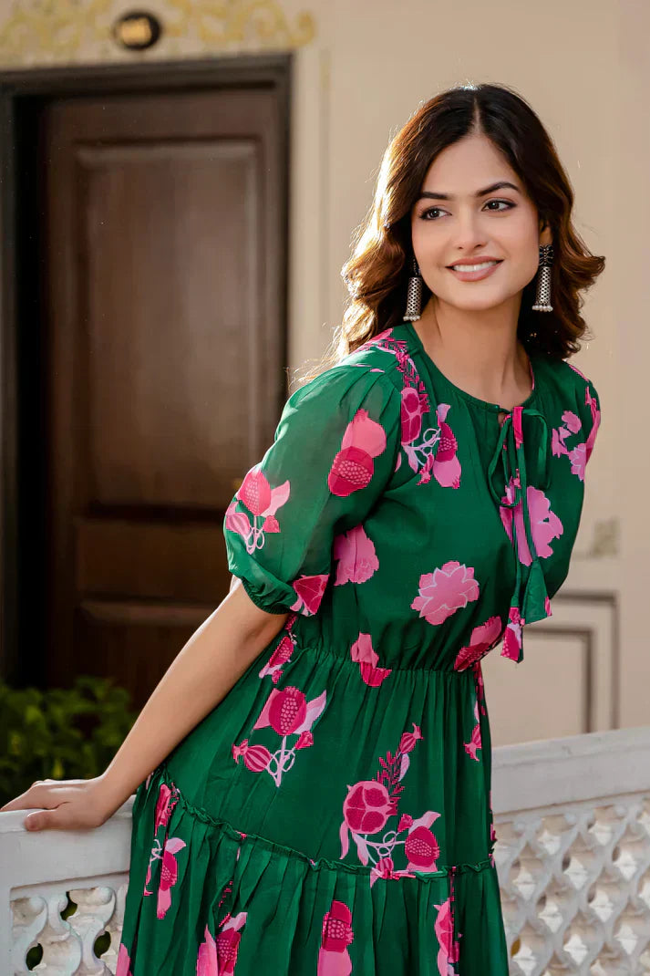 GREEN FAUX GEORGETTE FLORAL PRINT FLAIRED DRESSPFAB170)