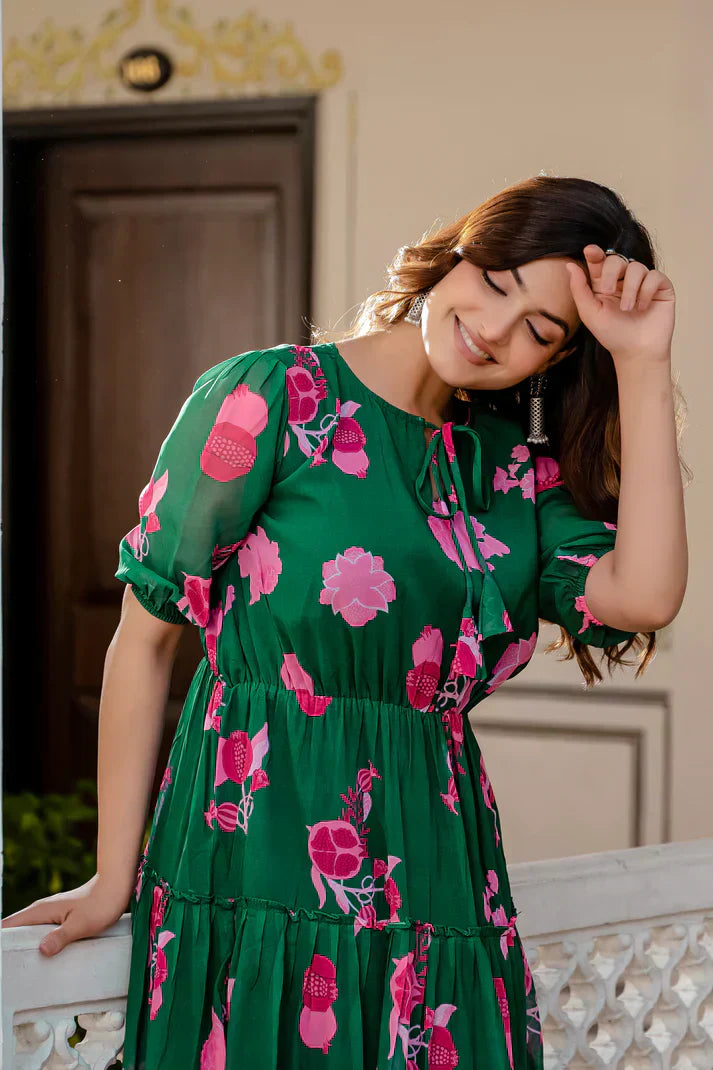 GREEN FAUX GEORGETTE FLORAL PRINT FLAIRED DRESSPFAB170)