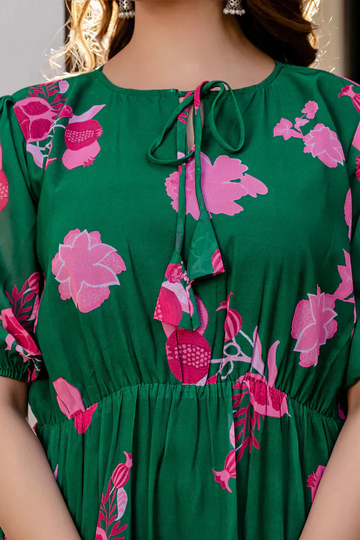 GREEN FAUX GEORGETTE FLORAL PRINT FLAIRED DRESSPFAB170)