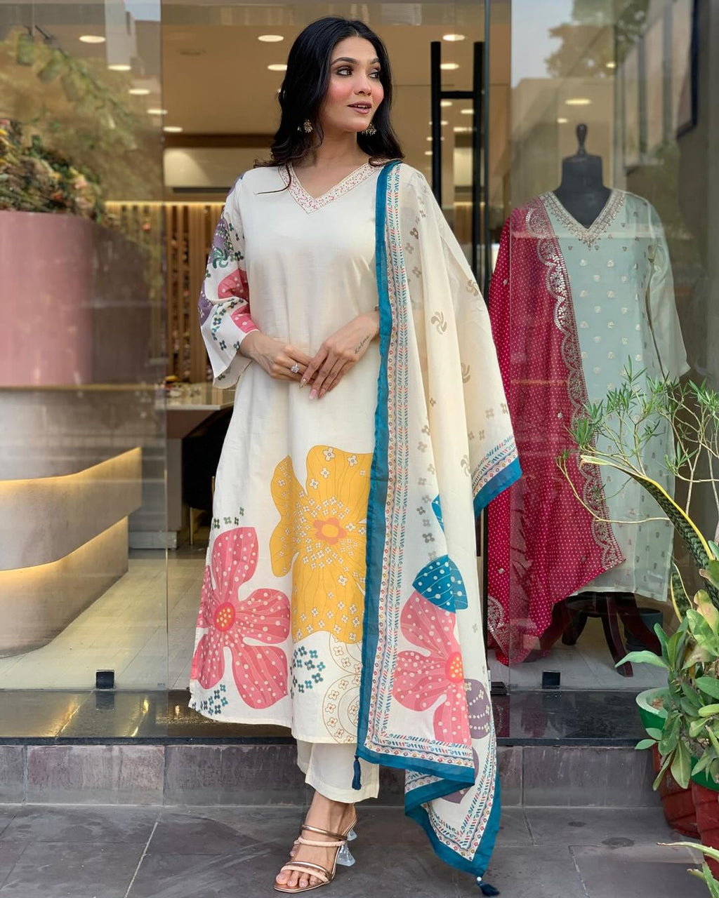 Launching Summer Cool, Comfortable And Attractive Softest Muslin Suit Set Which Is Beautifully Decorated With Hand Embroidery And Thread Work. It Is Paired With Matching Pants And Dupatta(PFAB118)