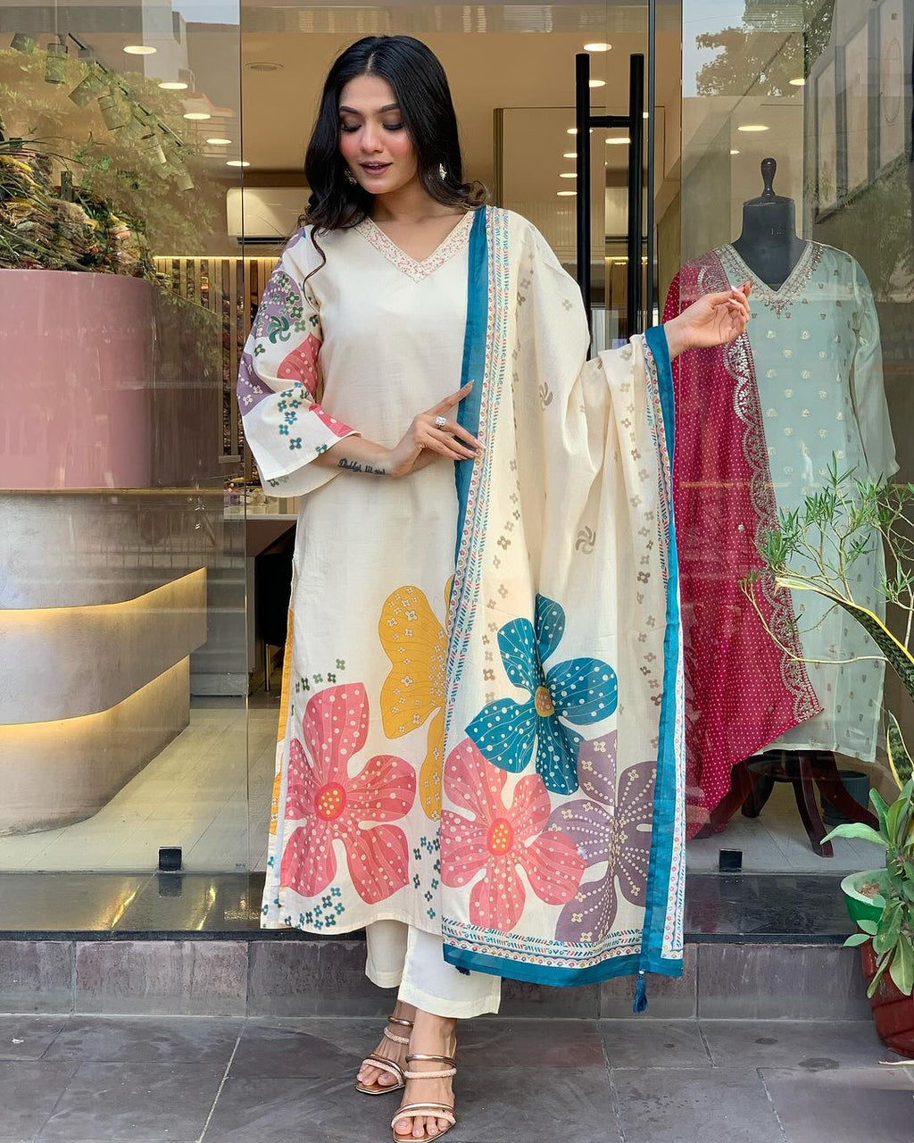 Launching Summer Cool, Comfortable And Attractive Softest Muslin Suit Set Which Is Beautifully Decorated With Hand Embroidery And Thread Work. It Is Paired With Matching Pants And Dupatta(PFAB118)