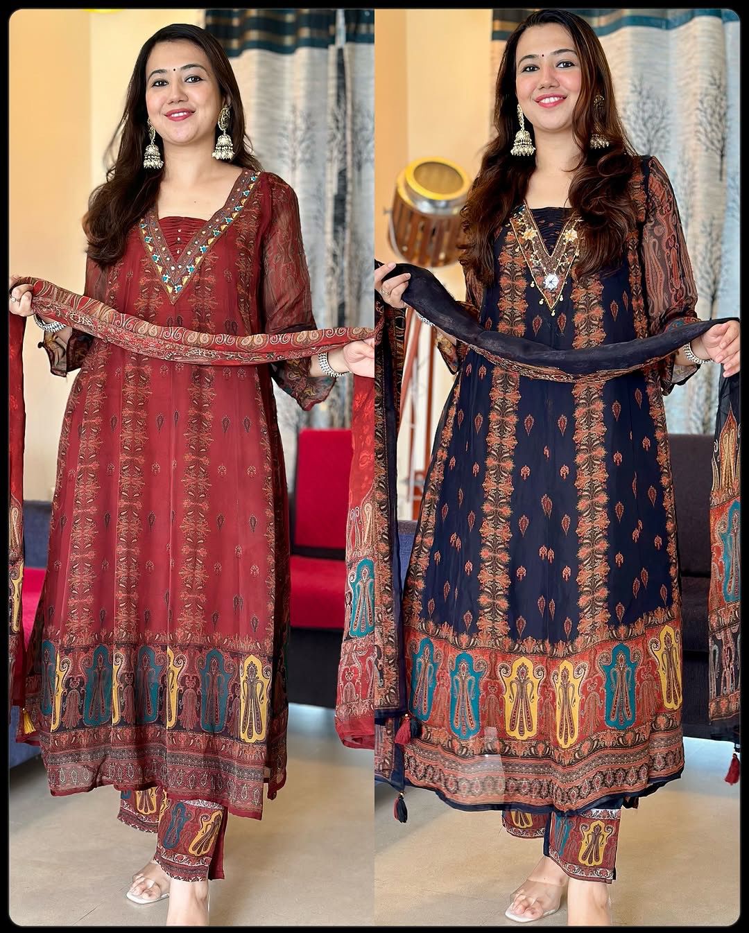 Beautiful pure premium chiffon digital printed Anarkali set with handwork on neck it has attached lining paired up with santoon slik pant and Organza digital printed dupatta sets(PFAB123)