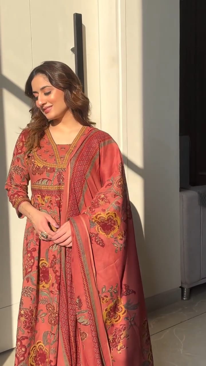 Premium cotton Anarkali suit set with hand work detailing on yoke paired with matching pant and full dupatta