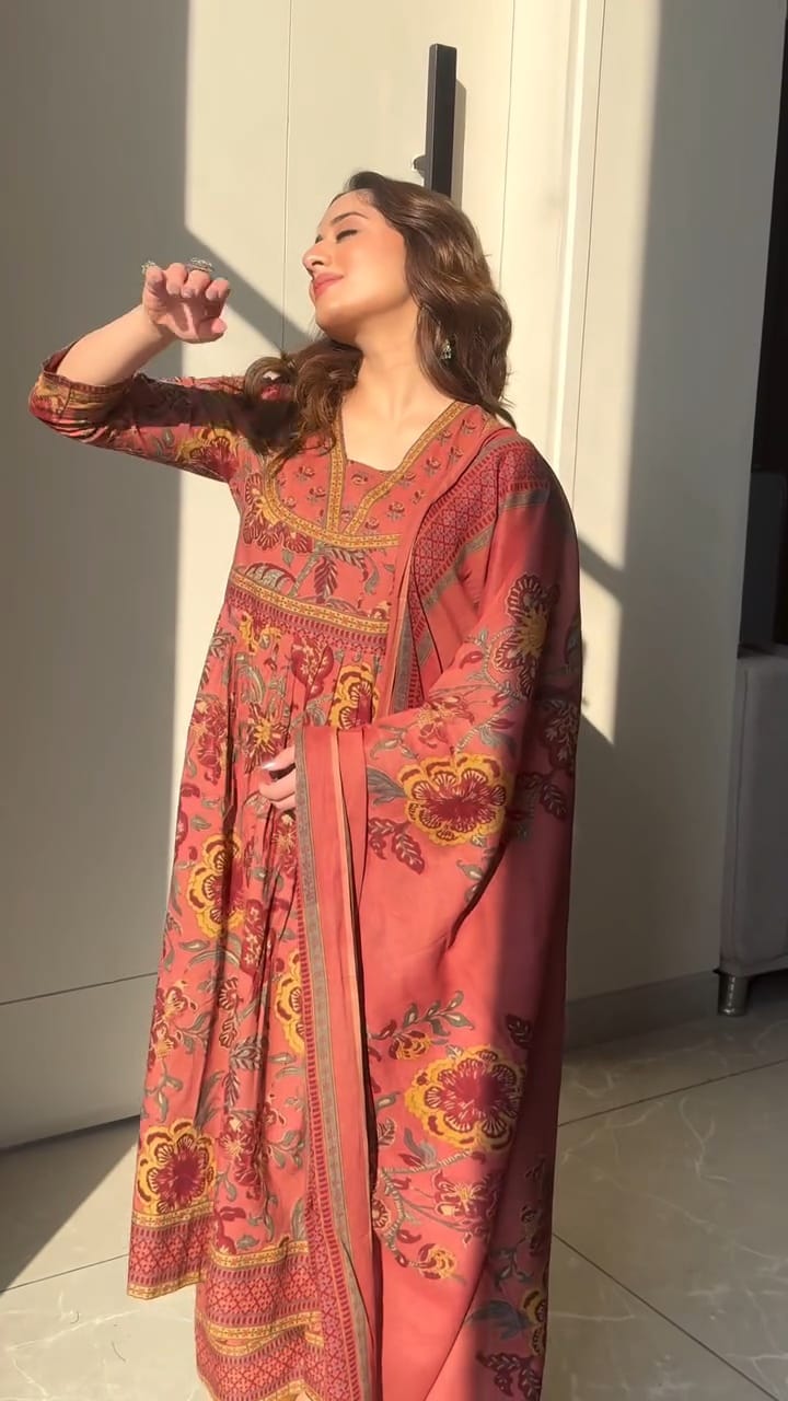 Premium cotton Anarkali suit set with hand work detailing on yoke paired with matching pant and full dupatta.(PFAB160)