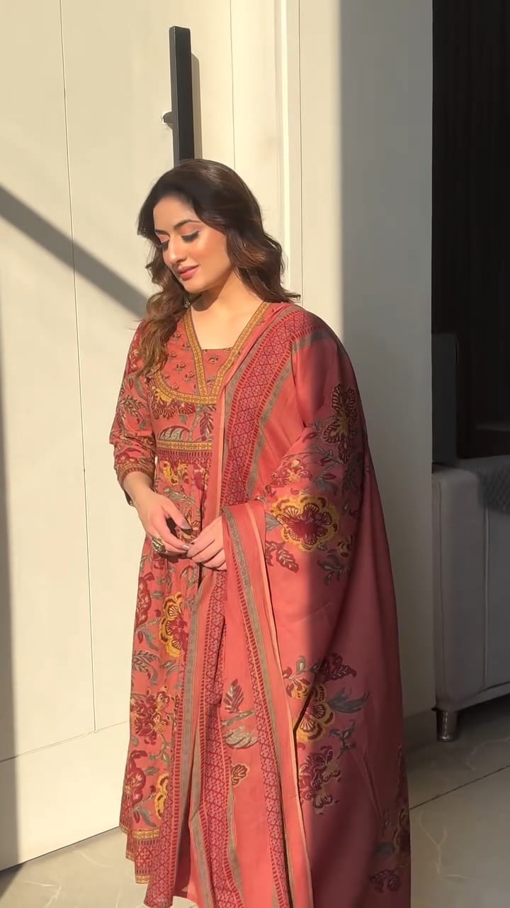 Premium cotton Anarkali suit set with hand work detailing on yoke paired with matching pant and full dupatta