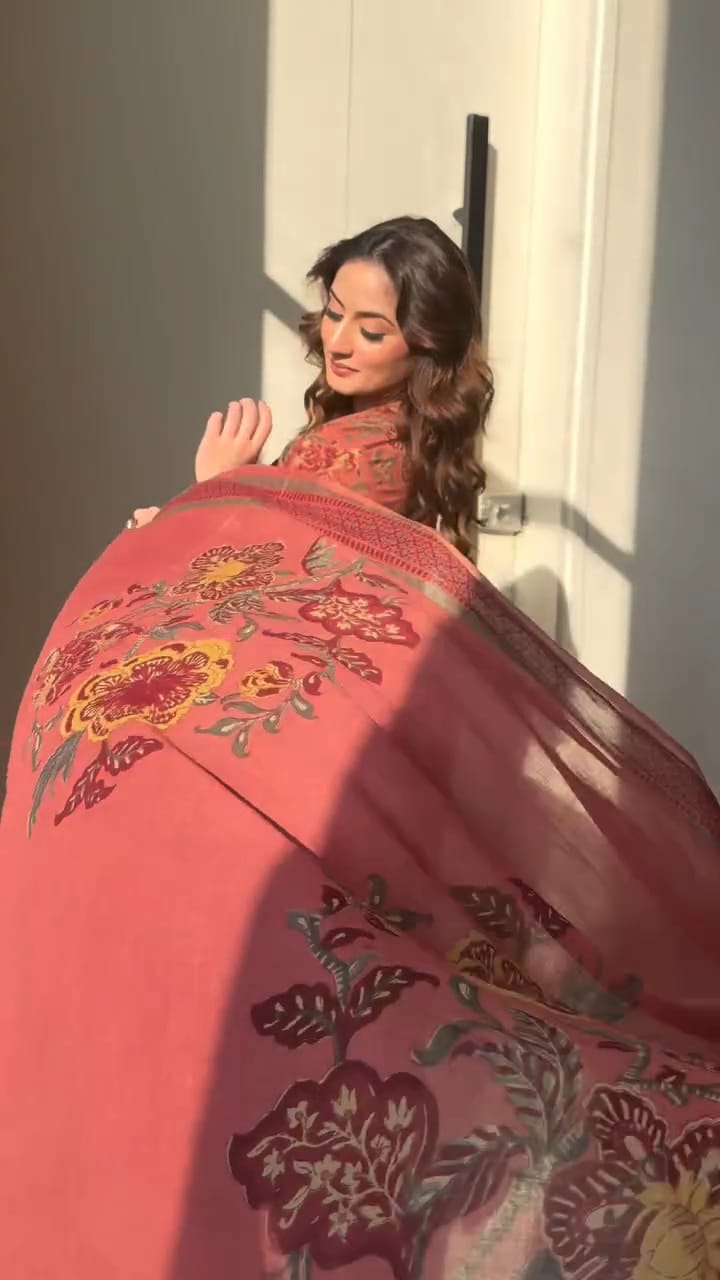 Premium cotton Anarkali suit set with hand work detailing on yoke paired with matching pant and full dupatta