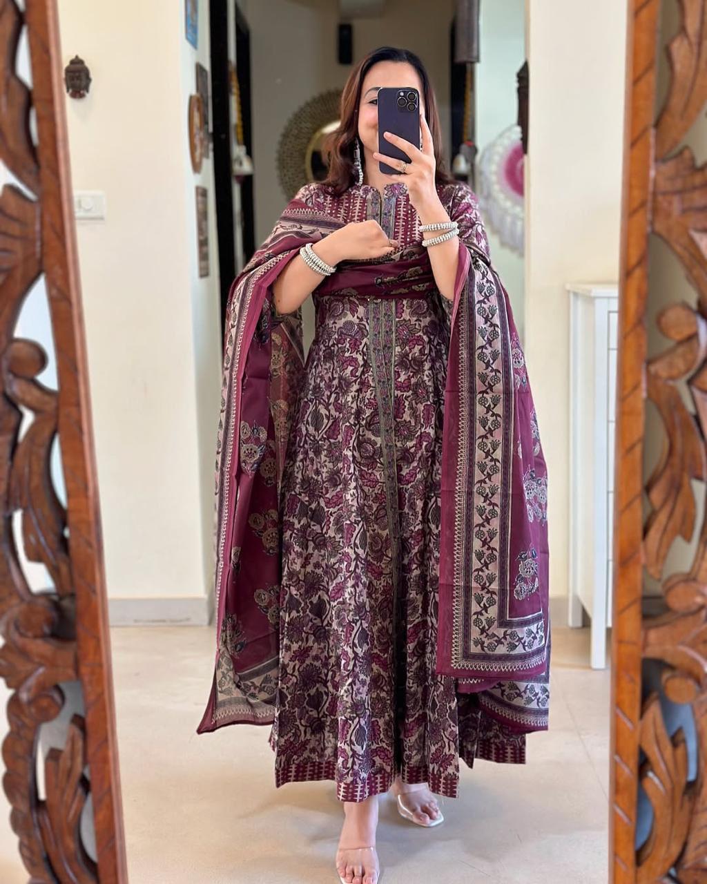 New Full Cotton Print Hand Work Anarkali Kurti Pant With Malmal Dupatta (PFAB114)