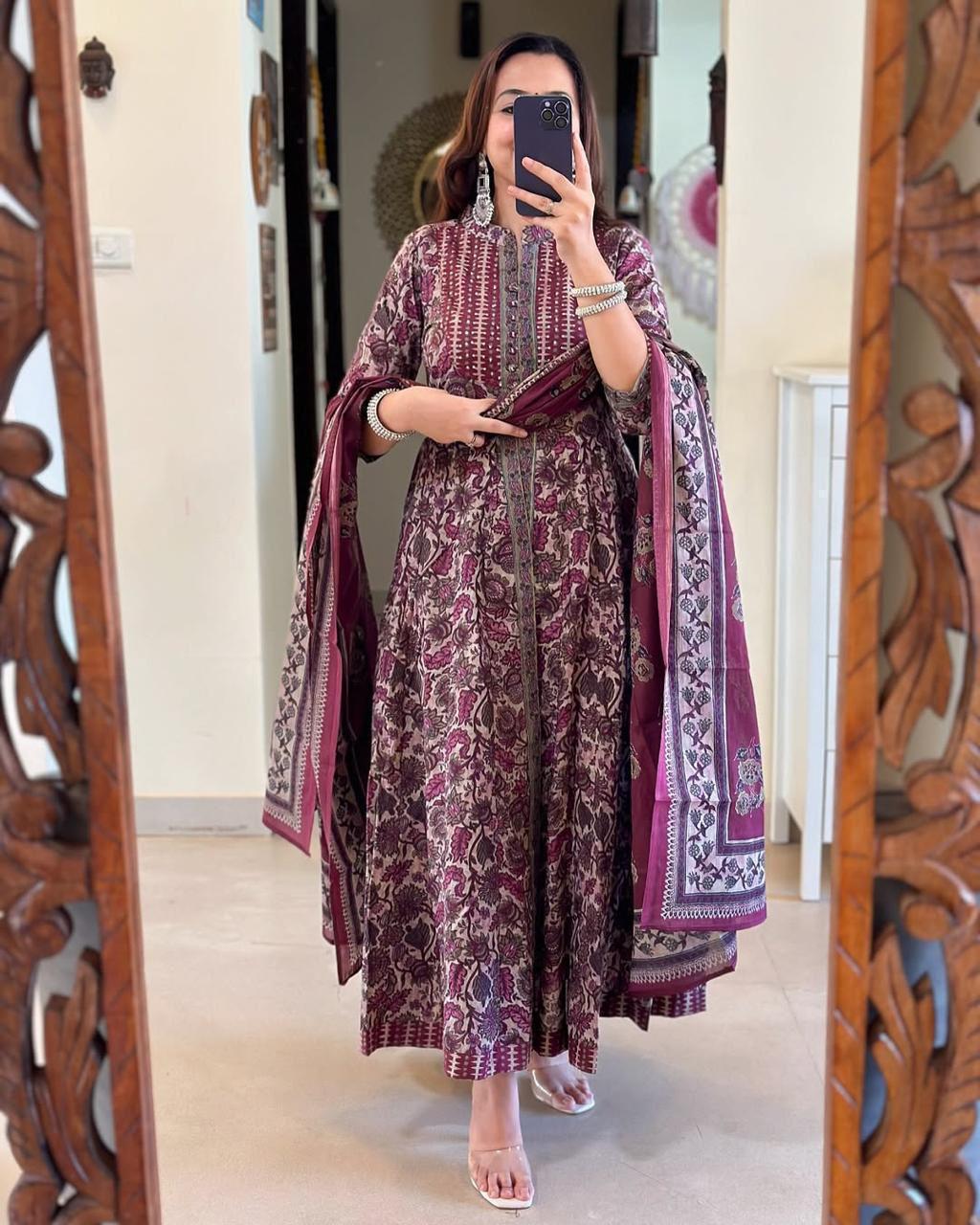 New Full Cotton Print Hand Work Anarkali Kurti Pant With Malmal Dupatta (PFAB114)