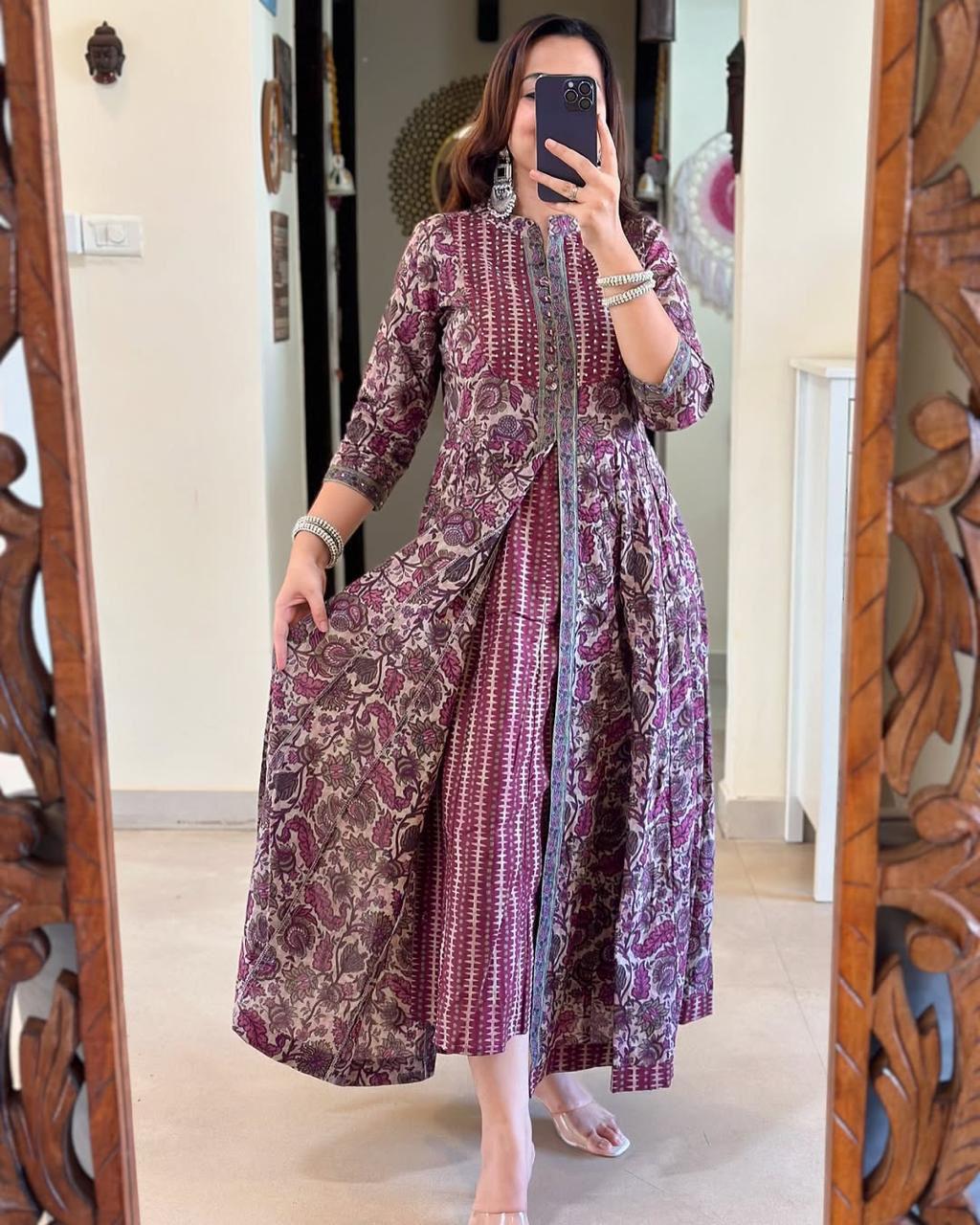 New Full Cotton Print Hand Work Anarkali Kurti Pant With Malmal Dupatta (PFAB114)