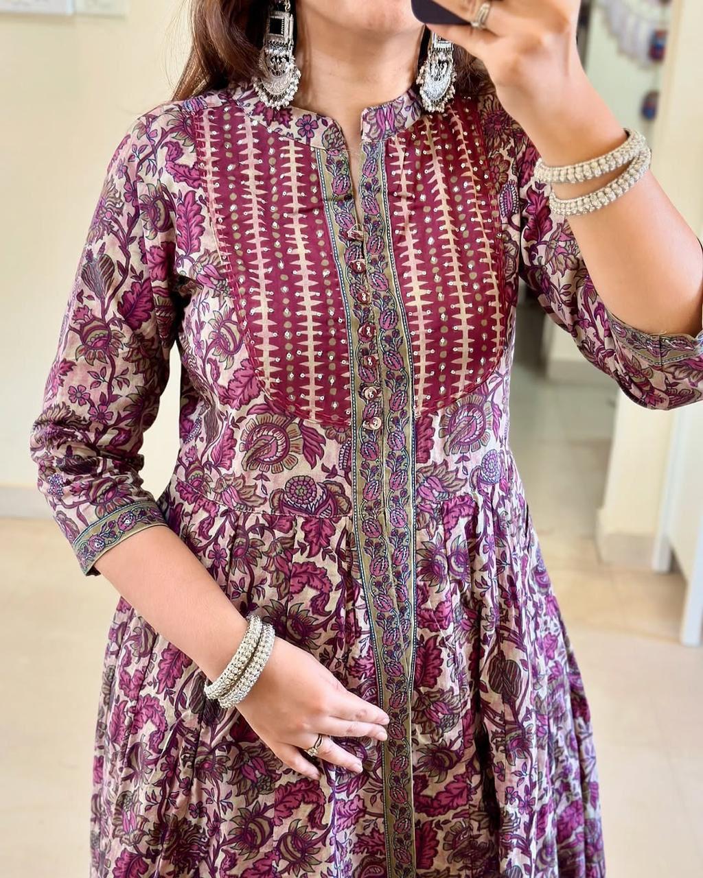 New Full Cotton Print Hand Work Anarkali Kurti Pant With Malmal Dupatta (PFAB114)