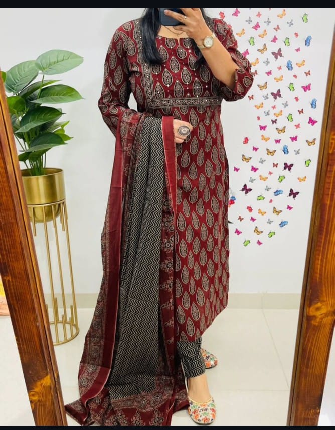 Premium fine cotton with handcrafted work on yoke paired with fine cotton dupatta with pant*....