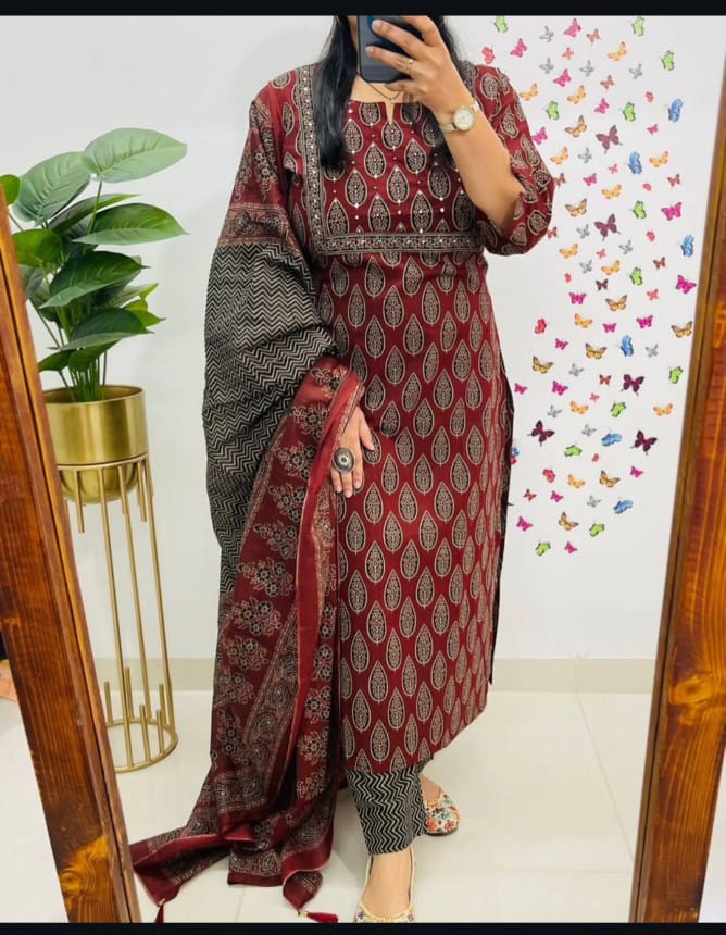 Premium fine cotton with handcrafted work on yoke paired with fine cotton dupatta with pant*....