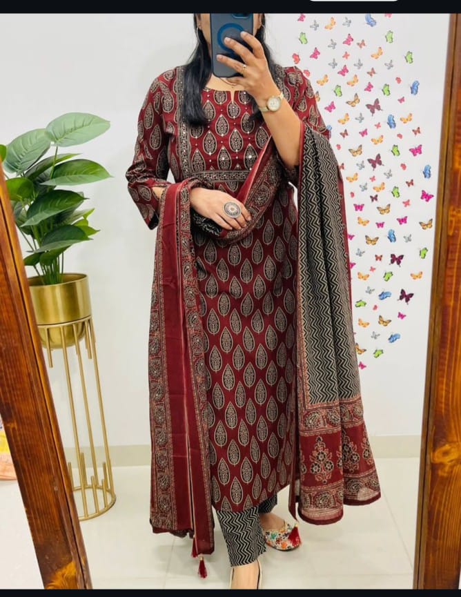 Premium fine cotton with handcrafted work on yoke paired with fine cotton dupatta with pant*....