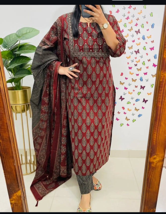 Premium fine cotton with handcrafted work on yoke paired with fine cotton dupatta with pant*....