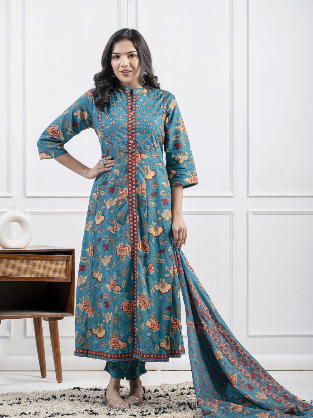 New Cotton Festival Collection In Pure Cotton With Hand And Adda mirror Work kurti And pant Dupatta Set (PFAB1410)