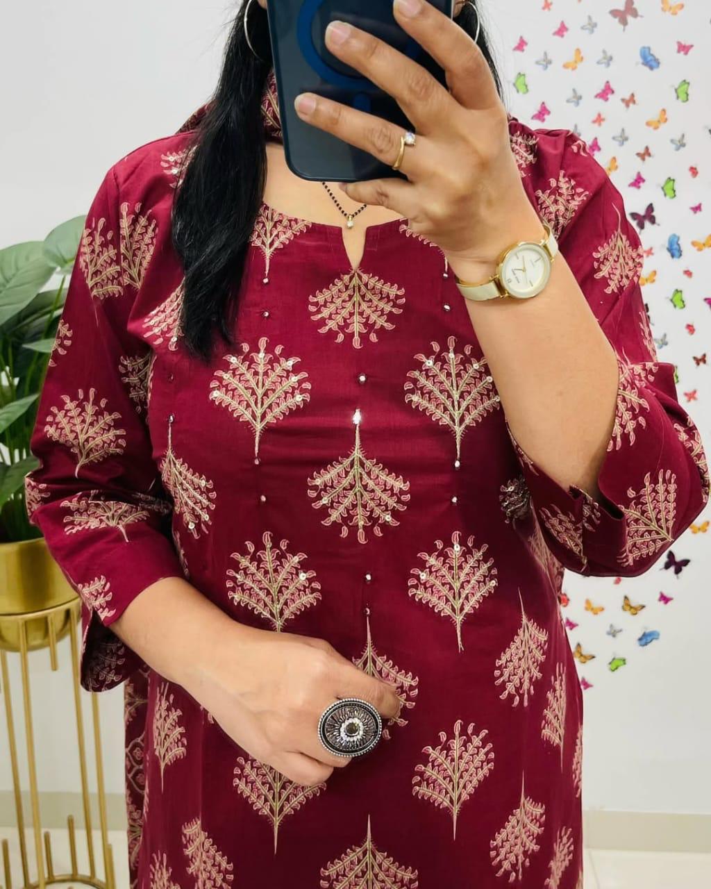 🌹🌹Pure fine Cotton fabric &nbsp; Kurti with Pant with cotton 100-100 Dupatta🌹🌹Havy sequence hand Adda work on yoke