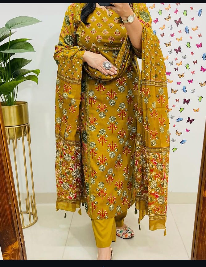 🌹🌹Pure fine Cotton fabric hand Work Kurti with Pant with cotton 100-100 Dupatta🌹🌹(PFAB1438)