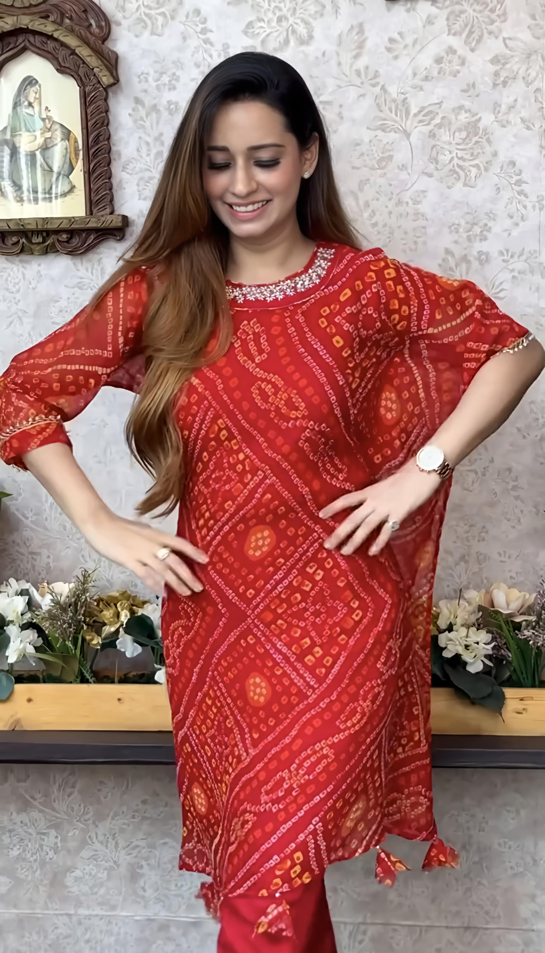Export Chinnon Premium Bhandej Hand Work Kaftan Pattern Kurti With Premium Pant At Manufacturing Rate (PFAB1126)01