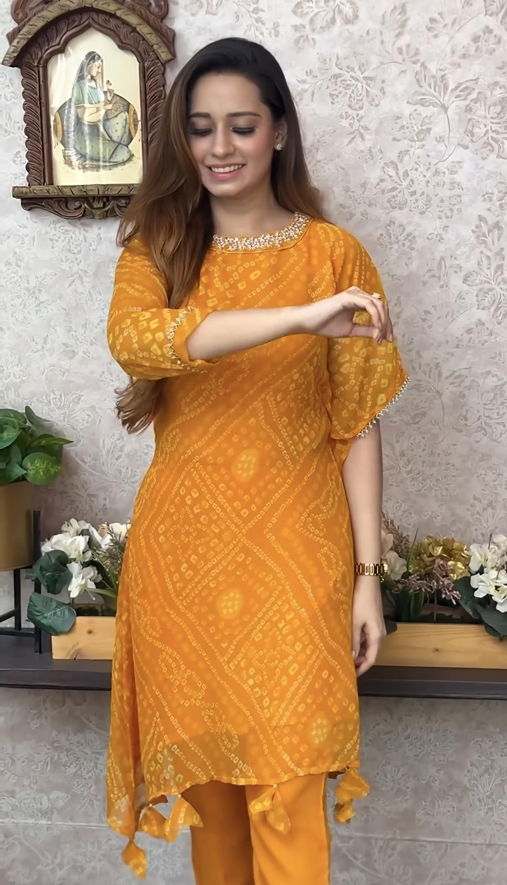 Export Chinnon Premium Bhandej Hand Work Kaftan Pattern Kurti With Premium Pant At Manufacturing Rate (PFAB1126)01