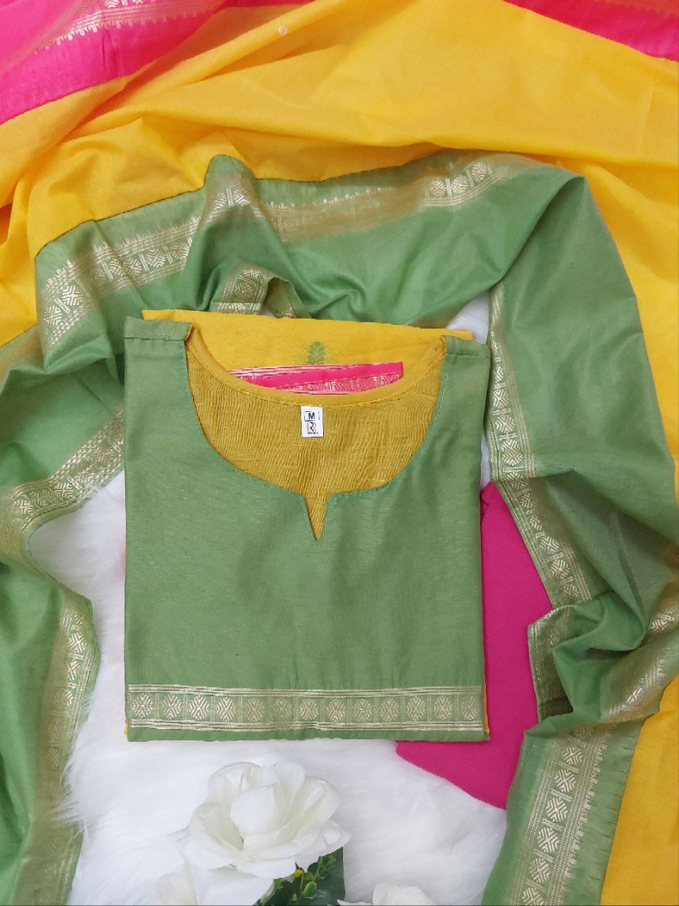 Crafted from pure Kanchi cotton, this elegant yellow ensemble is designed with love and rooted in South Indian cultural artistry. (RRRD11)