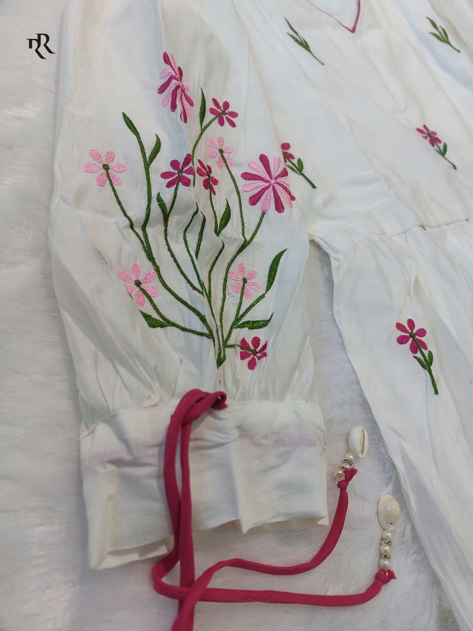 Elegant Design Premium Roman Silk Anrakali Suit set With Nazmin Dupatta And Dori and Kodi on sleeve for adjustment Embroidery work on all Over kurti and Sleeve. (RRRD12)